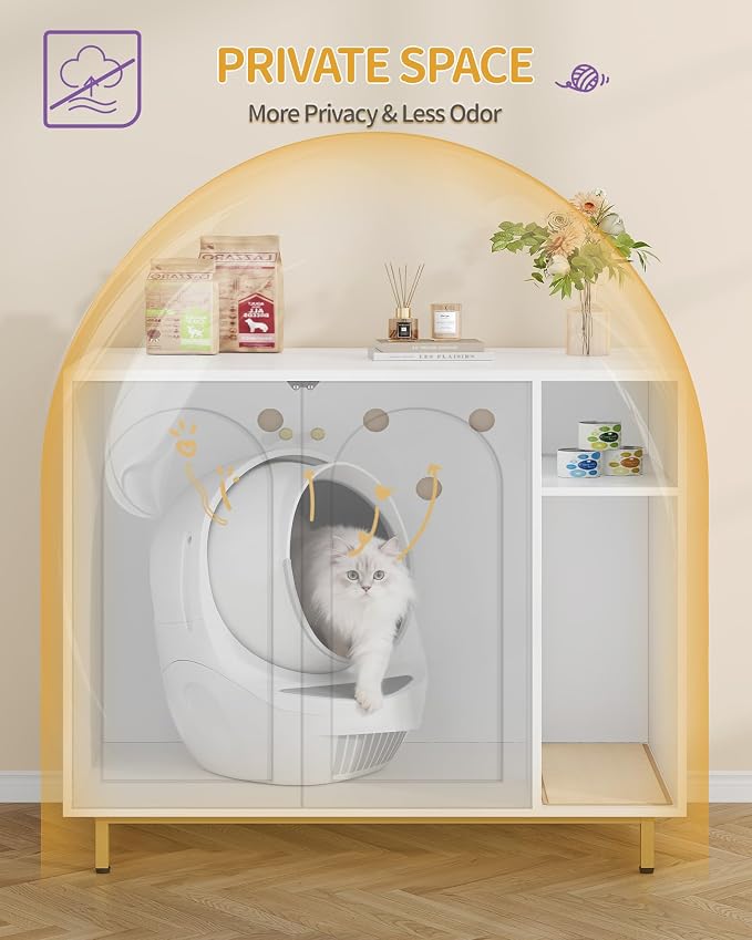Hzuaneri Large Cat Litter Box Enclosure, Automatic Litter Box Furniture | Wooden Self-Cleaning Cat Cabinet with Storage & Scratch Pad, Modern Cat Washroom, End Table, White and Gold CB87103G