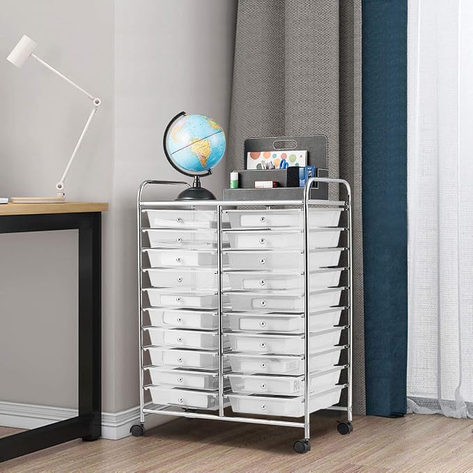 20 Drawer Rolling Storage Cart, Art Cart Organizer with Wheels for Makeup, Tool, Paper, Multipurpose Craft Storage Cart with Drawers for Office, Home, Classroom, Teacher, School (Clear)