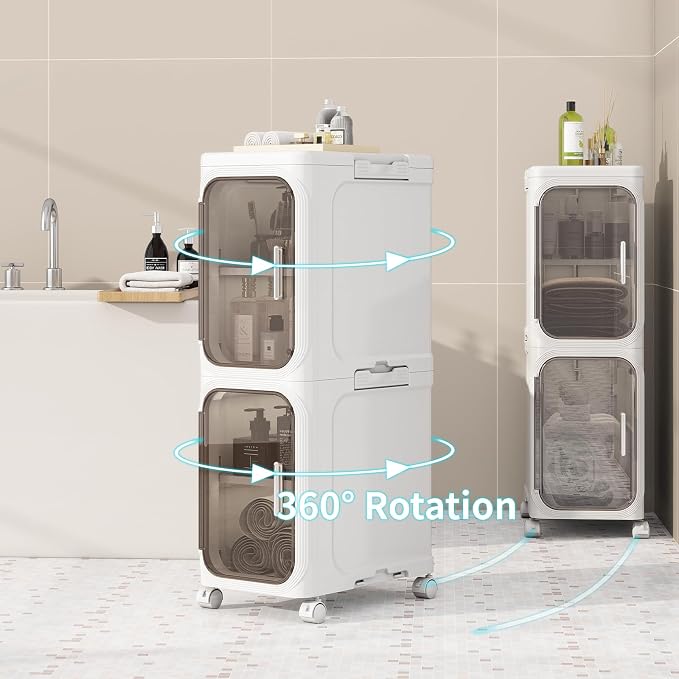 5 Tier Slim Bathroom Storage Cabinet, Foldable and Movable, White | Tools Free, ABS and PET, Magnetic Clear Door, Adjustable Shelves, Lockable Wheels, Water Resistant, For Narrow Space