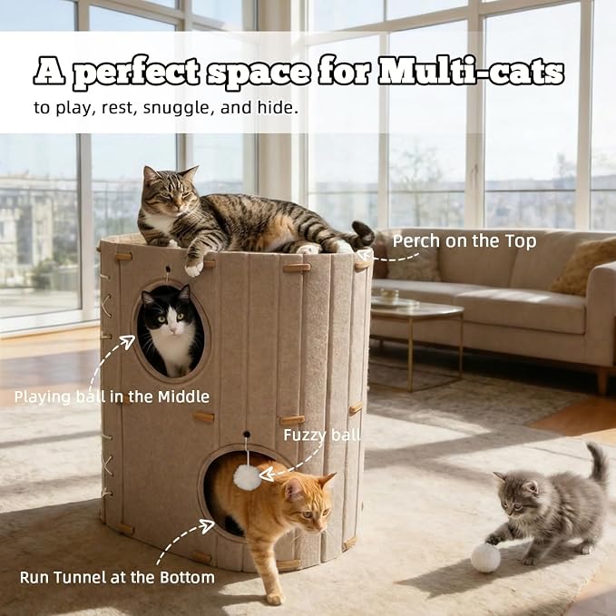 Cat House for Indoor Cats - 2 Storey Foldable Cat Bed Cave with Scratch-Resistant Felt Cats Tunnel Bed Condo & Hanging Fluffy Ball|Cozy Spacious Hideaway for Multi-Cats| Durable & Easy to Store, Cream