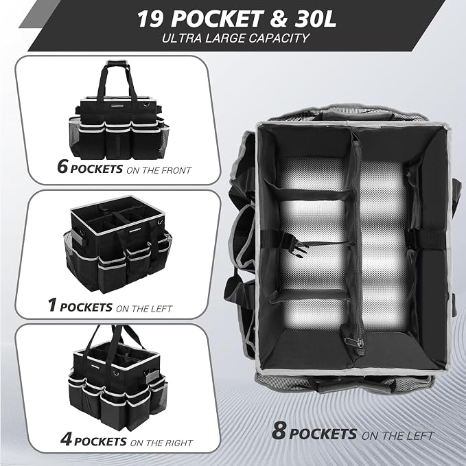 Large Rolling Cleaning Caddy Bag, Cleaning Caddy with Wheels with Detachable Trolley for Housekeepers, Water Resistant Cleaner Supplies Organizer with Wheels for Kitchen, Car, Picnic (Black-Grey)