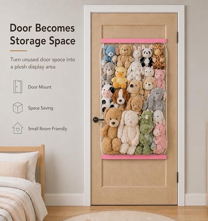Stuffed Animal Storage Net, Elastic Stuffed Toy Holder,Door/ Wall Mount Length Adjustable Hanging Stuffy Animal Organizer, Plushie Net For Nursery Play Room-Pink Boards