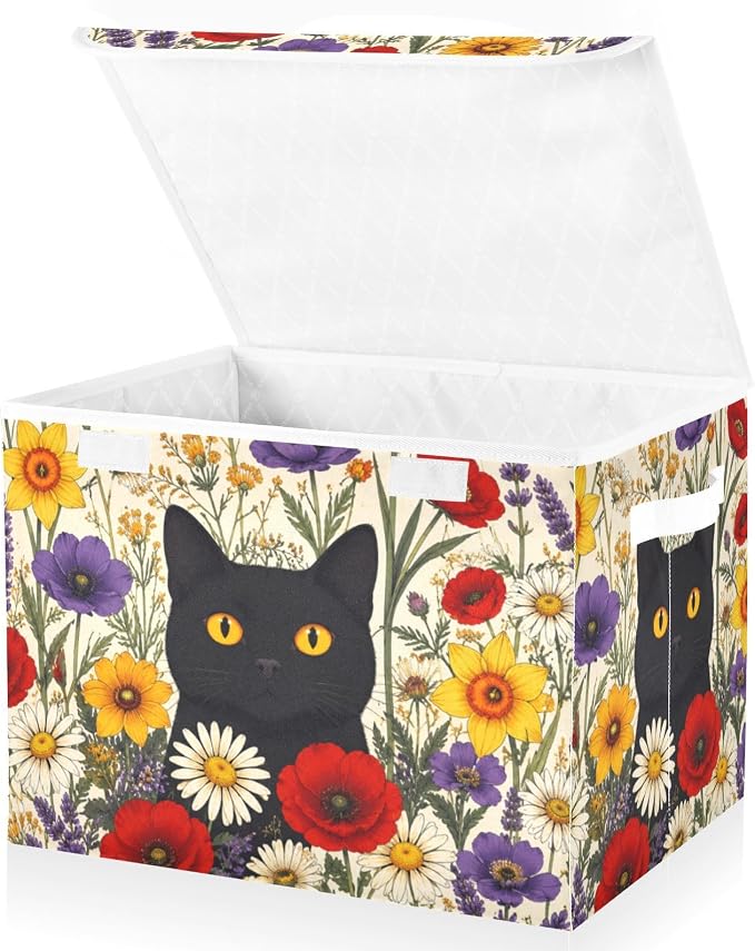 Fabric Storage Bins with Lid Cat Floral Garden Closet Storage Basket 40L | Foldable & Stackable, Flip Top Dust Guard, Reinforced Handles, Home & Bedroom, Clothes & Toys, Oxford Print Basket