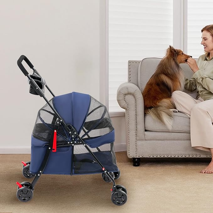 Foldable Pet Stroller Cart for Small Medium Dogs Cats, 40lbs Capacity Pet Travel Cart with 360° Swivel Front Wheels, Breathable Mesh Travel Pet Carrier with Cup Holder(Navy Blue)