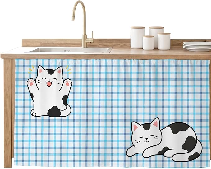 Cute Cat Sink Skirt for Bathroom, Self-Adhesive Under Sink Curtain, Blue Purple Checked Modern Pet Cats Rustic Hide Pipes & Storage Fabric Cabinet Skirt Cover for Kitchen Laundry 32"x55"