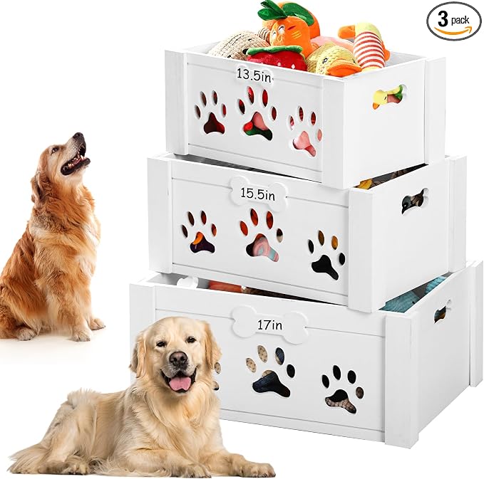 Briwooody 3 Pack Dog Toy Bin Wood Large Dog Toy Basket with Handle and Bone Tags Multi-size Hollow Claw White Wooden Storage Crates for Chew Pets Blankets Food Leash Display Accessories