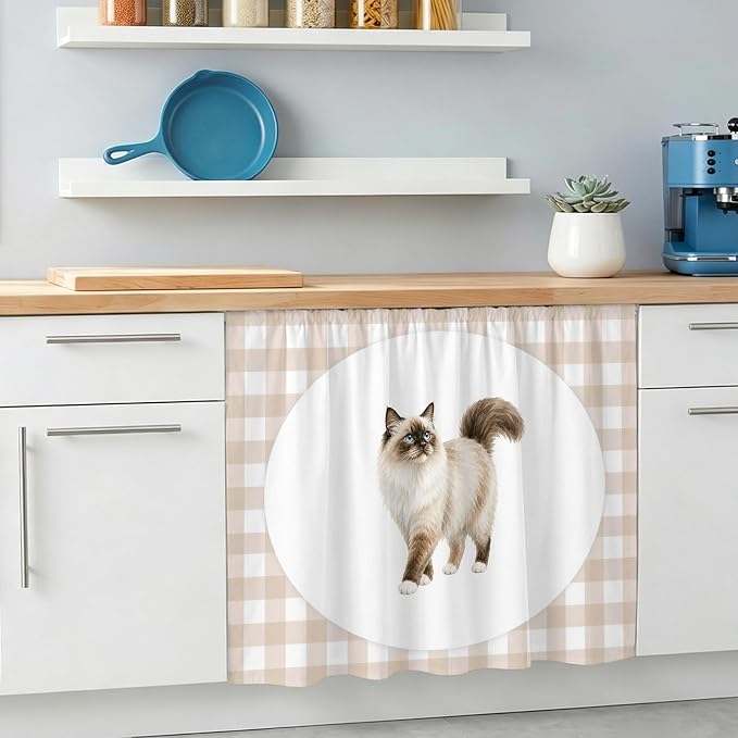 Ragdoll Cat Sink Skirt 11"Wx13"L,Dustproof Under Sink Curtain with Self Adhesive Tape,Modern Linen Plaid Farmhouse Pet Cats Cabinet Curtain Cover for Bathroom Vanity,RV,Kitchen Cabinet Storage Shelf
