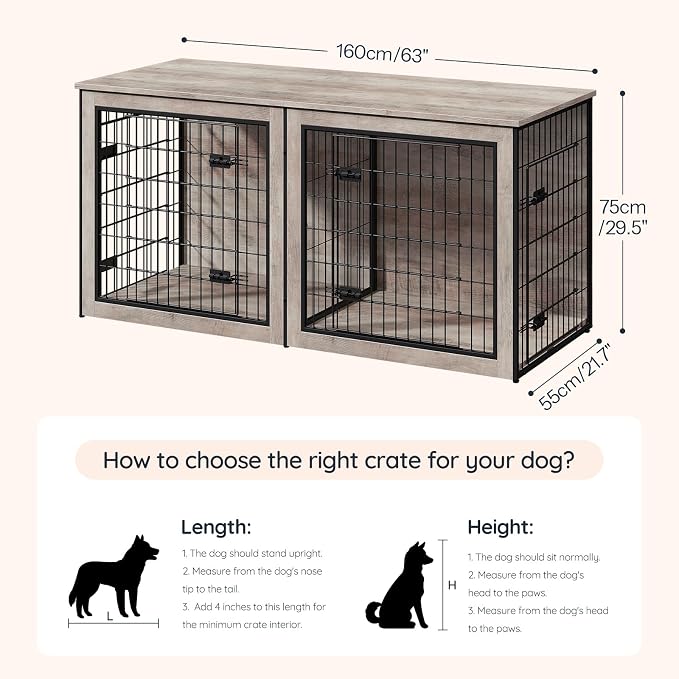 HOOBRO Dog Crate Furniture for 2 Dogs, 63" Large Double Dog Crate Furniture with Divider, Wooden Indoor Kennel TV Stand for Medium Large Dogs, Greige and Black BG55GW03