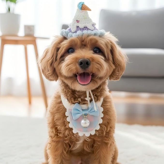 Handmade Dog Outfit – Adjustable Birthday Cat Hat & Silk Dog Scarf with Pearl Pendant for Cats,Small & Medium Dogs, Cute Accessory for Cat Birthday, Holiday, Daily Wear & Photos
