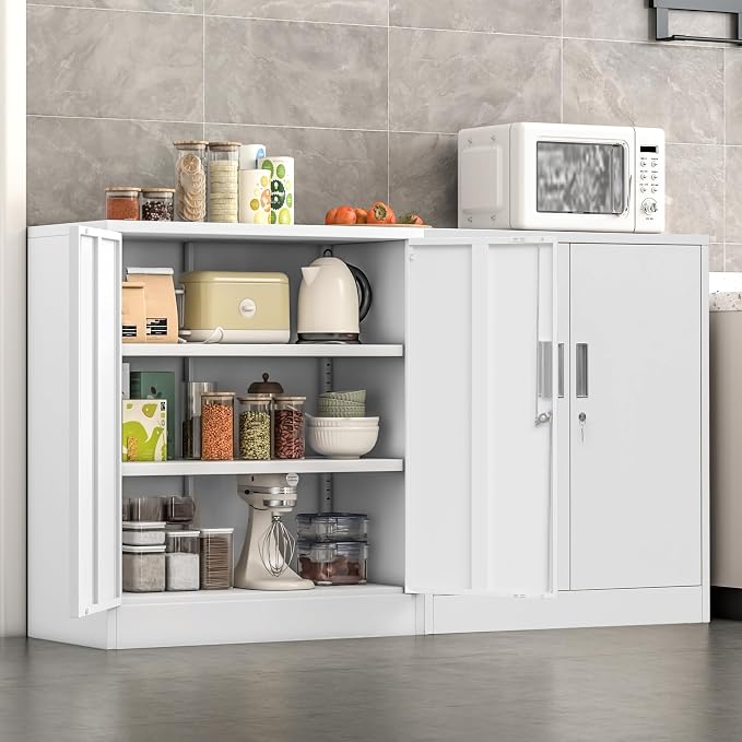 Wanfu Metal Storage Cabinet, 36" H Locking Storage Cabinet with 2 Adjustable Shelves for Garage, Home, Office, Utility Room-White