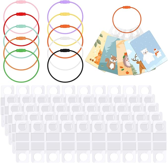 Holder for Cards Rings and Tabs, 100 PCS Clear Self Adhesive Hanging Tabs with 10 Metal Rings, Plastic Sticky Hang Tags for Retail Display, Card Accessories Organizer for Storage and Display