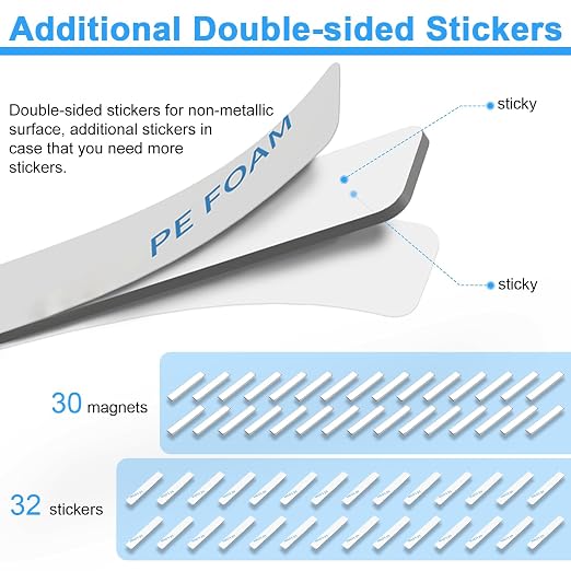 Rare Earth Magnets, 30 Pack Strong Neodymium Magnets, 60x10x3 mm | Rectangular Bar Magnets Strip with Double Sided Adhesive for Window Curtain Indoor Outdoor Light Lamp, Silver