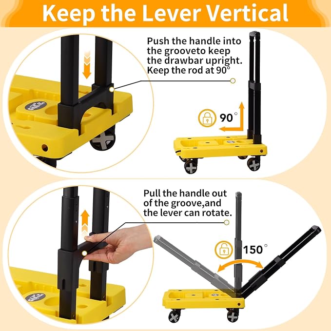 GtIiFmTe Foldable Hand Truck, Lightweight Luggage Cart for Airport Car Seat | Compact Folding dolly with Rotating swivel wheel,storage size12×15.7×4.1",300lbs Load,Upright Lock Handle with 3bungee cords