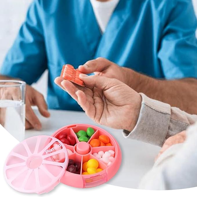 INVODA Weekly Pill Organizer with 77 Medicine Labels 7 Compartment Rotating Medicine Box – Travel Pill Case for Vitamins & Medications – BPA-Free Plastic