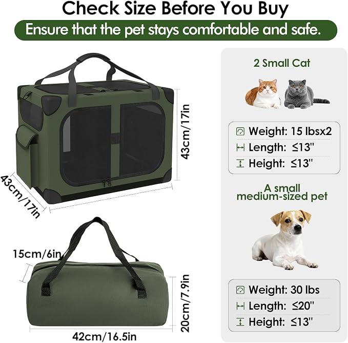 Extra Large 2-Cat Foldable Pet Travel Carrier,24"x17"x17",Green | Removable Divider, Metal Frame Support, Breathable Mesh Panels, With Storage Tote & Padded Straps