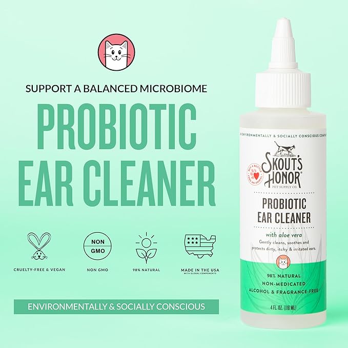 SKOUT'S HONOR Cat Ear Cleaner Solution with Aloe Vera - Alcohol-Free, Fragrance-Free, Non-Medicated Ear Wash for Cats, 4 oz., 3-Pack