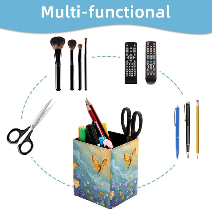 Butterfly Pen Holder for Desk Decor, Rectangular PVC Leather Pencil Cup for Desk Pen Organizer, Makeup Brush Holder for School, Home, Office