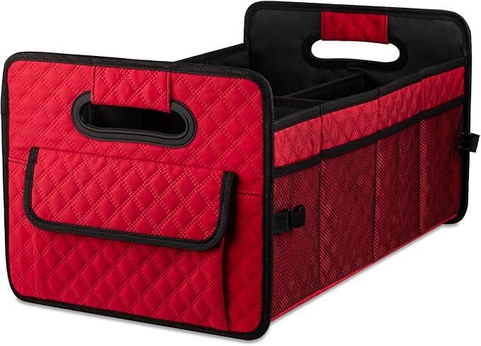 JiatuA Car Trunk Organizer for SUV, Collapsible Car Storage Organizer Red | Sturdy, Large Capacity, Diamond Decor, Multi Compartment Container Box Adjustable Car Accessories for Sedan Truck