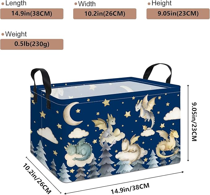 Rectangular Dragon Storage Bin, Medium Fabric Closet Organizer Basket | Moisture repellent textile, reinforced carry grips, collapsible holder tidies cabinet and teenage bedroom belongings