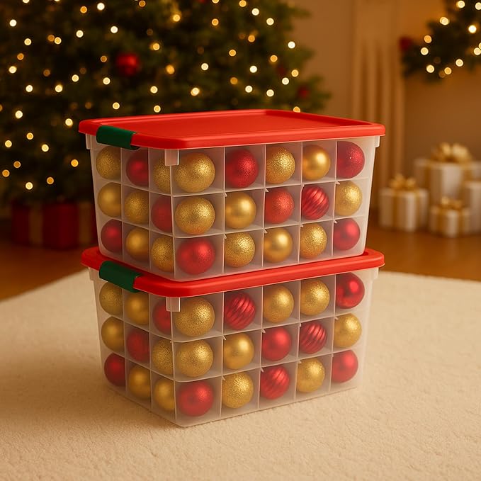 HOMZ 2-Pack Holiday Tote, Clear Plastic Storage Bins w/Lids & Dividers, 112 Quart, Red - Stackable Organizing Containers for Christmas Ornament Decorations, Gift Wraps, and Crafts