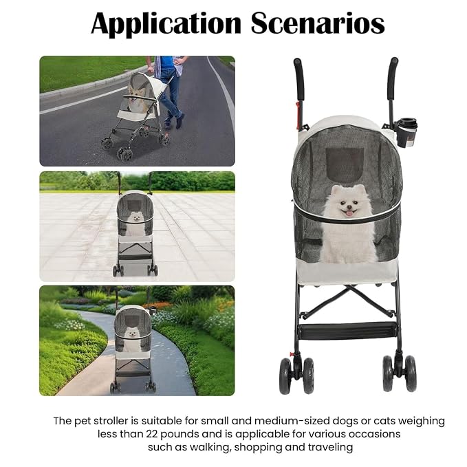 Pet Stroller for Small Medium Dogs Up to 22lbs, 4 Wheels Folding Pet Carriage Cart for Dogs Cats, Portable Cat Puppy Jogging Stroller with Rear Pocket and Cup Holder (Gray)