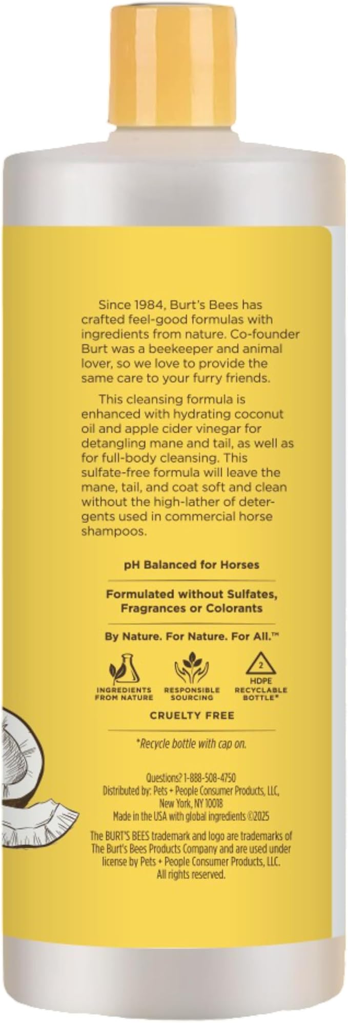 Burt’s Bees for Horses Detangling Shampoo with Coconut Oil & Apple Cider Vinegar, 99.3% Natural Origin Formula, Horse Shampoo for Coat, Mane and Tail, 32 oz