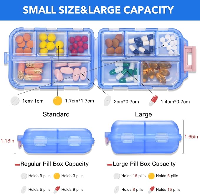 Large Travel Pill Organizer with 189 Stickers, 10 Compartments Travel Medicine Organizer Travel Pill Box Pill Case for Purse Airplane Car Nurse Vacation Essentials (Blue, 1 Pack)