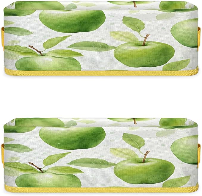 Green Apples Pattern Bathroom Storage Basket Waterproof Foldable Storage Bins with Handles Decorative Toilet Paper Storage Basket for Organizing for House Bathroom Toiletries Set of 2