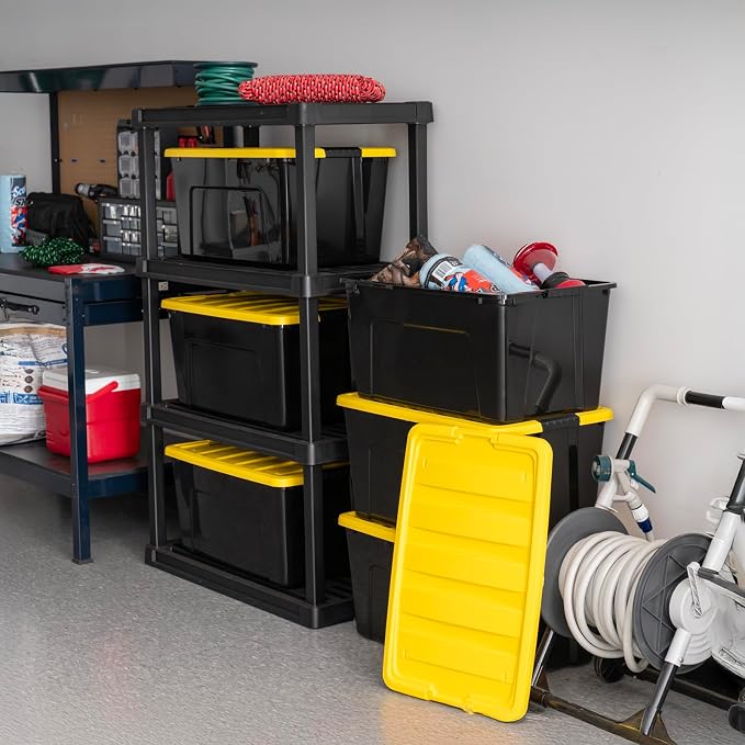 IRIS USA 6-Pack 72 Quart Storage Bins with Lids, Black/Yellow | Black finish conceals stored items. Perfect for moving, blankets, clothing, and garage storage. Nestable design saves space