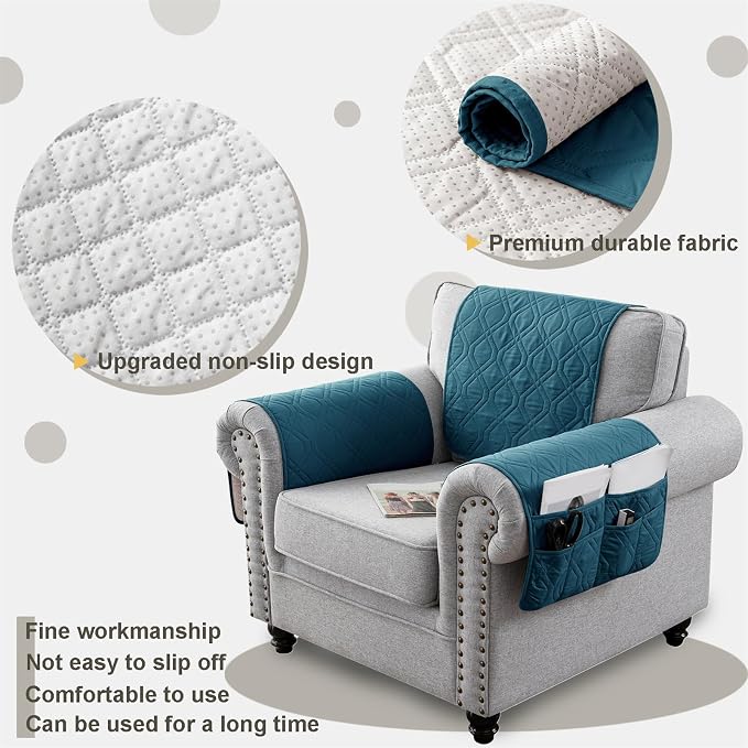Waterproof Armrest Chair Covers with 6 Side Pocket 1 2 3 Seater Anti-Slip Chair Headrest Cover Armchair Slipcover Washable Protector for Pets Leather Sofa Couch (Aqua Blue,1 Seater 3PCS)