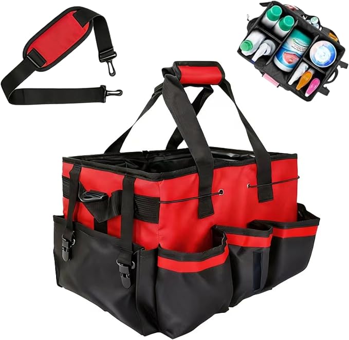 Tool Organizer Tote Bag, Pink and Black, Large Capacity with Adjustable Compartments, Portable Cleaning Storage Caddy, 14.96x10.63x9.06 Inches (Red)