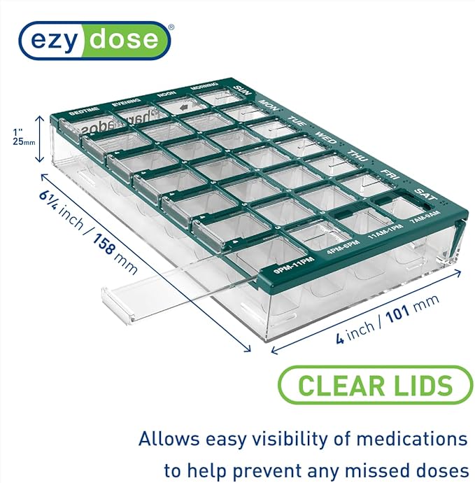 Ezy Dose Pharmadose Weekly 7-Day, 4X/Day Pill Organizer, Green, Small | 28 Small Compartment Pill Case, Medicine Planner, Vitamin Organizer with Easy Fill Tray, BPA Free