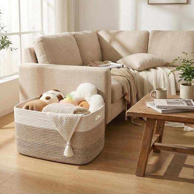 JMvicyroam 96L Large Woven Cotton Rope Blanket Basket, White&Brown | Blanket storage for living room or bedroom use, Freestanding with reinforced handles, Entire basket is machine washable
