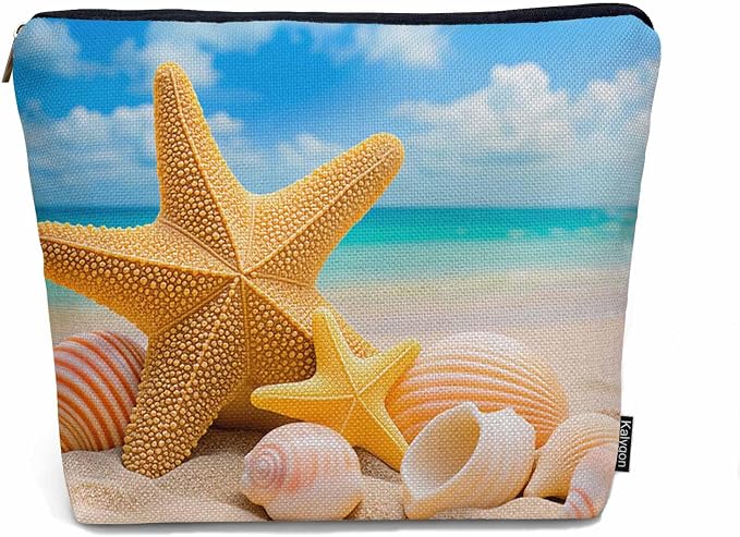 Starfish Seashell Makeup Bag - Turquoise Ocean Cosmetic Bag with Zipper for Beach, Gym, Bathroom