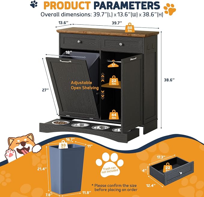 Double Door Dog Feeding Station with Storage, 10 Gallons Tilt Out Trash Can Cabinet, Dog Food Cabinet with Dog Bowls, Pet Organizer Cabinet for Kitchen/Living Room (Black, Double Door)