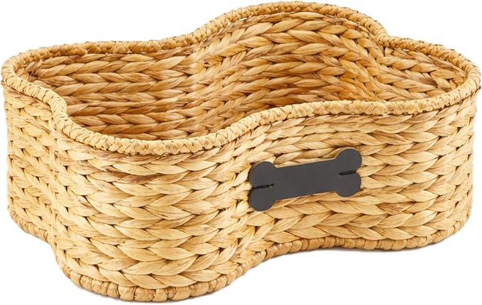 Pet Dog Toy Basket - Bone Shape Storage Bin, Personalized Organizer for Cat Toys, Wicker Holder Box for Living Room, Handmade Water Hyacinth