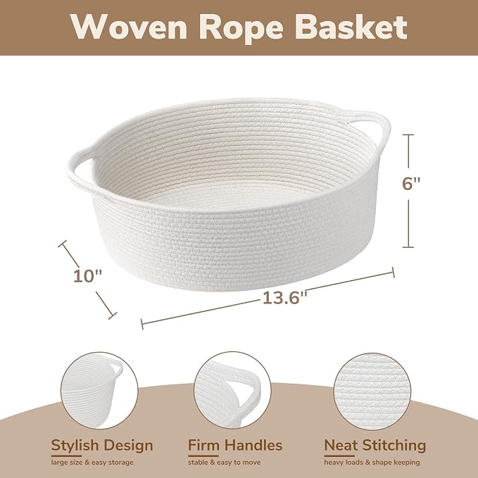 Goodpick Medium Woven Rope Gift Basket Empty, 13.6"x 10"x 6", White | Storage Basket with Handles for Baby Shower & Toys, Fits Living Room Bathroom Organizer, Versatile Dog Toy Storage Bin