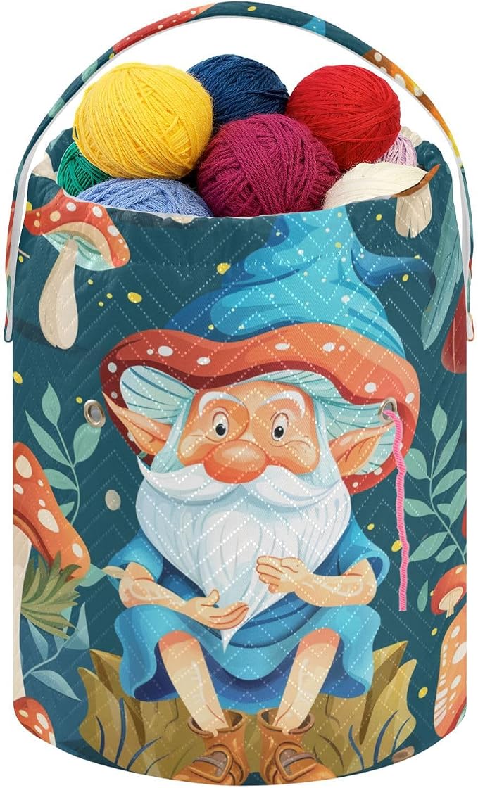 Fustylead Magical Gnome and Vibrant Mushroom Knitting Crochet Bag, Portable Large Yarn Storage Drawstring Basket Organizer for Crocheting Hooks, Project, Store Skein Ball, Short Knitting Needle