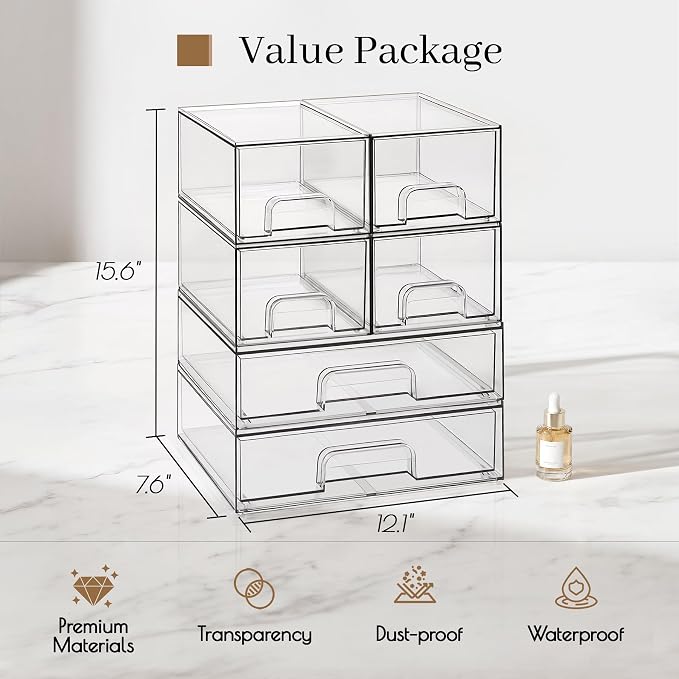 Clear Stackable Storage Drawers, Acrylic Bathroom Makeup Organizer, Plastic Bins for Art Tool & Sketch, Sturdy and Durable Containers for Countertop, Cabinet, Vanity, Pantry Organization