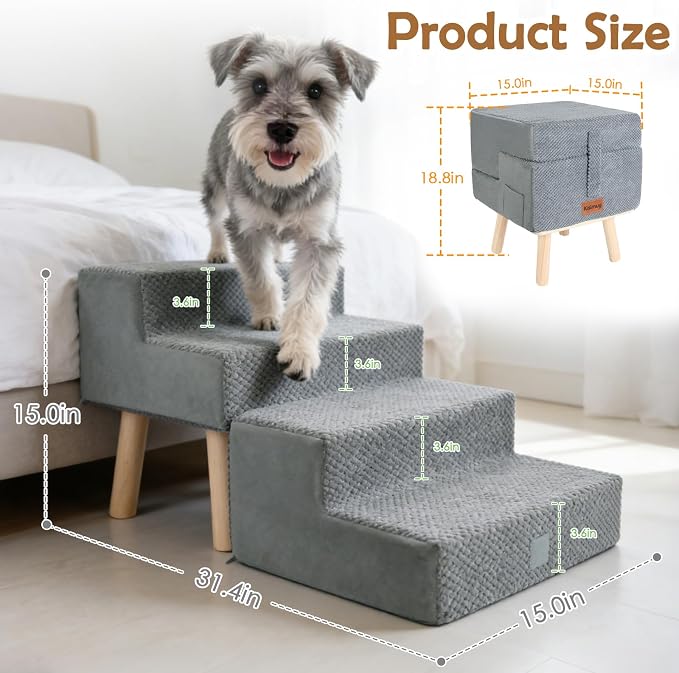 2-in-1 Dog Stairs & Ottoman, 4-Step Dog Ramp for Couch & Sofa | Dog Ramp for Bed, High-Density Foam & Wood Board Support, Side Storage Pocket, Foldable, 170 lbs, Machine Washable, Grey