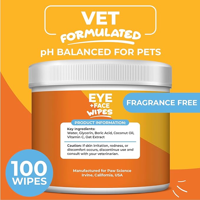 Paw Science Dog & Cat Eye Wipes - Hypoallergenic Eye & Face Wipes for Cats, Dogs, Kitten and Puppy - Pet Tear Stain Remover & Cleaner - Gently Cleans & Removes Discharge, Crust, & Gunk (Unscented)
