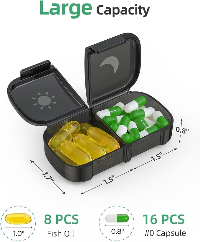 PULIV Weekly Pill Organizer 2 Times a Day, One-Side Opening for Easy to Use | Travel Pill Case for Vitamins, Medication, Supplements, Fish Oils, AM PM Pill Box, Black Privacy Protection