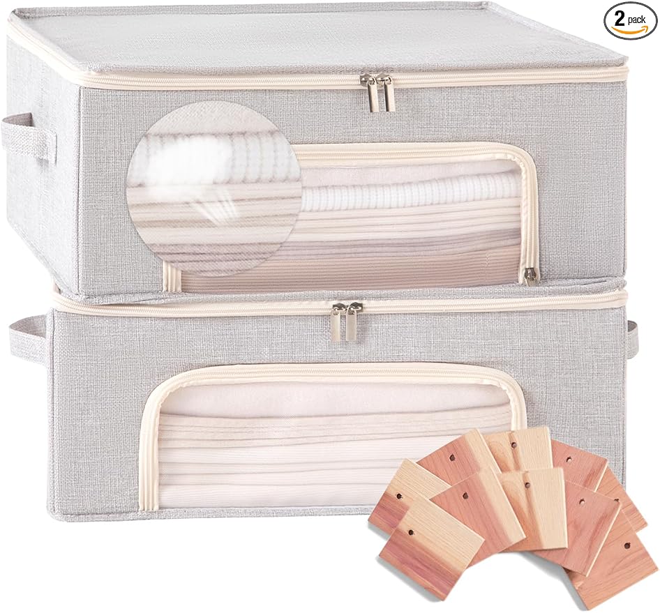 2-Pack Cashmere Sweater Storage Bags for Wool with Cedar Blocks, Grey | Breathable Cashmere/Wool Garment Storage, Mesh Window, Rigid PP Support, Cedar Protection, Foldable Closet Clothes Storage