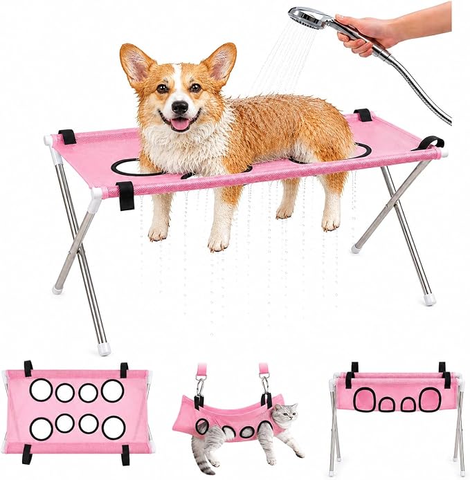 Dog Grooming Hammock Stand, Foldable Dog Bath Holder Sling Shower Chair | Heavy-Duty Pet Bath Stool for Small & Medium Dogs, Home Salon Grooming, Washable Mesh, Joint Support & Restraint(Pink,Base)