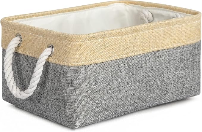 Decorative Basket Rectangular Fabric Storage Bin Organizer Basket with Handles for Clothes Storage (Gold&Grey, Medium-1Pack,13.8L*9.8W*6.7H)