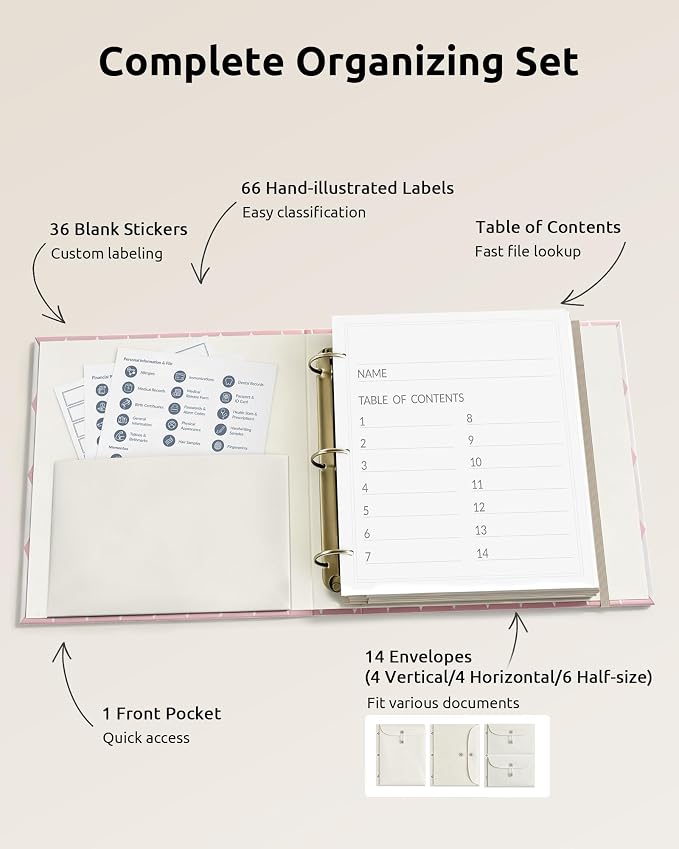 Oterri Premium Emergency Document Organizer for Families, Estate Planning Binder with Labels & Envelopes for Important Papers, Passports, Birth Certificates (Pink, Large)
