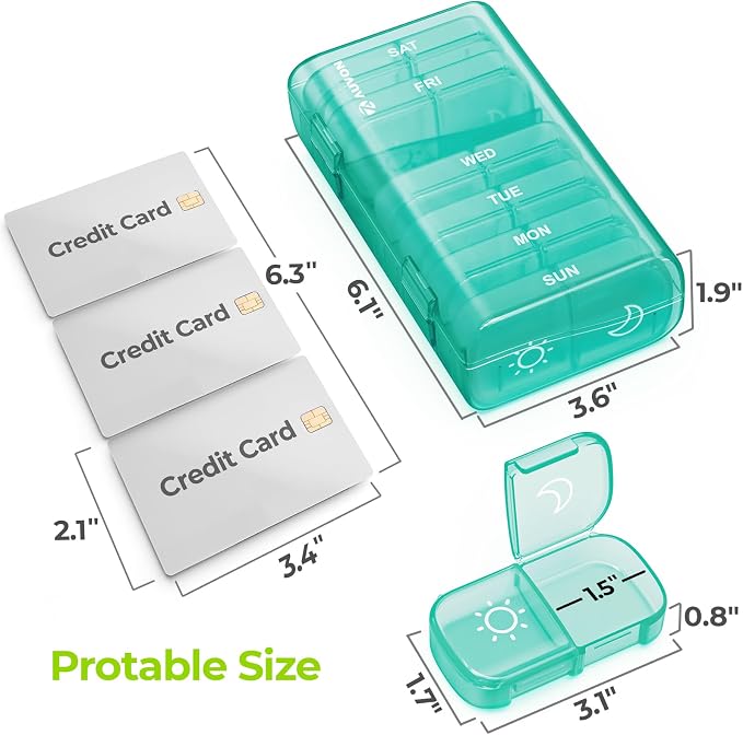 AUVON Weekly Pill Organizer 2 Times a Day, One-Sided Opening, Easy to Use | AM PM Pill Case, XL Pill Box 7 Day, Travel Medication Organizer for Medication, Vitamins, Fish Oils, Supplements, Cyan