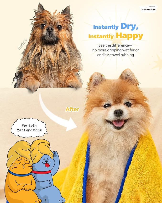PETHROOM] Portable Pet Towel for Dogs & Cats | Professional Pet Dryer, Super Absorbent & Quick-Drying Dog Dryer | Lightweight, Durable, Ultra-Soft (Small) 8"x 8"