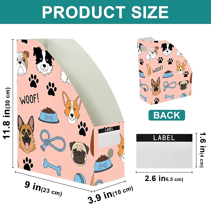 Emelivor Dogs Pets Pink Pattern Magazine Holder Set of 3 Desk File Organizer Foldable Vertical Folder Holder with Labels for Office Organization Book Bins for Classroom Documents Home