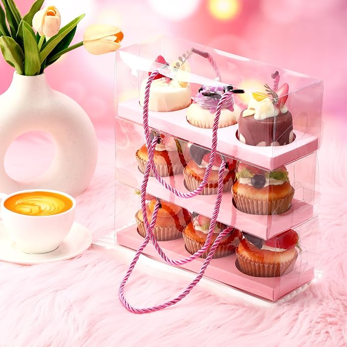 Thenshop 40 Pcs Clear Cupcake Boxes 9x3x3 in 3 Compartment Holder,Pink | Transparent Holders with Handles, Individual Pastry Display for Wedding Graduation Party Favors Cookies Treats Gifts